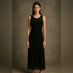 Vintage Diane Gilman Collection L Black 100% semi Sheer Silk Maxi Dress Rare‎